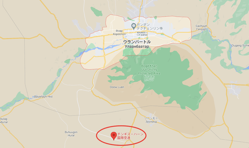 新モンゴル国際空港の場所を示した地図